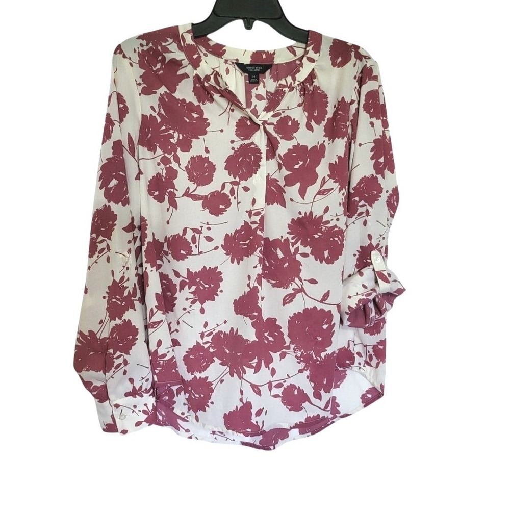Simply Vera Women Ivory Pink Floral Roll Tab Sleeve Chiffon Blouse Medium Career